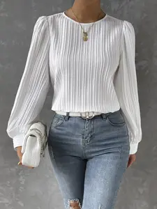 Elegant Round Neck Bubble Sleeve Fitted Solid Women's Shirt, Womenswear Chic Commute Simple Fashion Versatile Slimming Long Sleeve Blouse Top