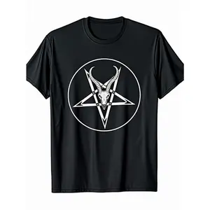 Men's Black Cotton Occult T-Shirt with Baphomet Pentagram & Goat Head Horns - Gothic Satanic Symbolism Short Sleeve Crew Neck Shirt, Inverted V-Pentagram & Ram's Head Design for Dark Aesthetic, Heavy Metal & Esoteric Apparel