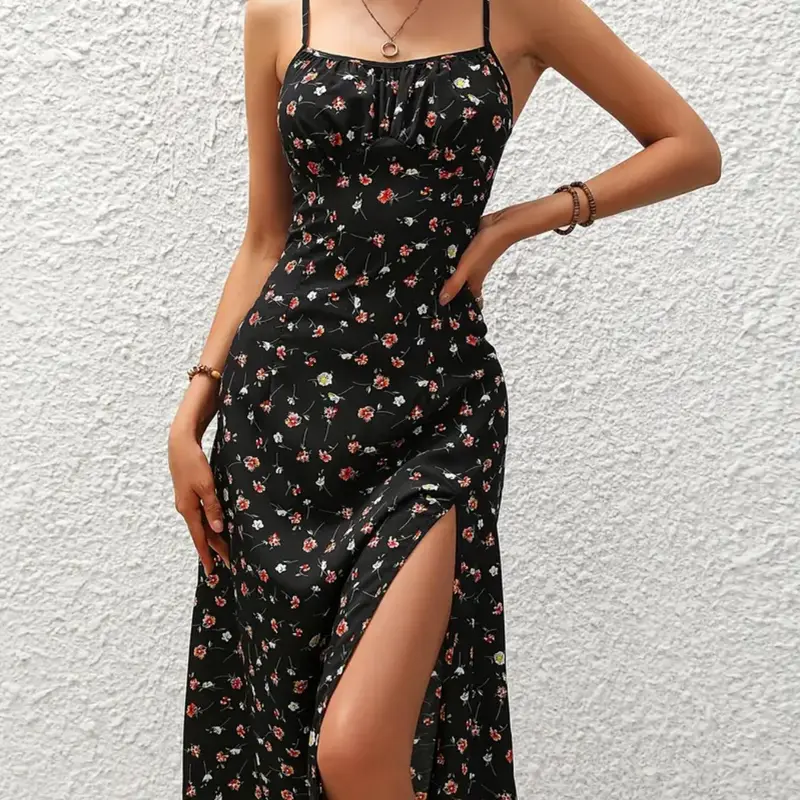Women's Ditsy Floral Print Cami Dress, Casual Sleeveless Spaghetti Strap Long Dress for Summer, Ladies Clothes for Beach Holiday, Slit, Beachy Style Dress, Womenswear