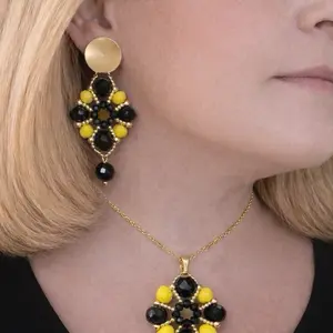 Midnight Aurora Crystal Set Black & Iridescent Gold Statement Necklace and Earrings with Yellow Accents