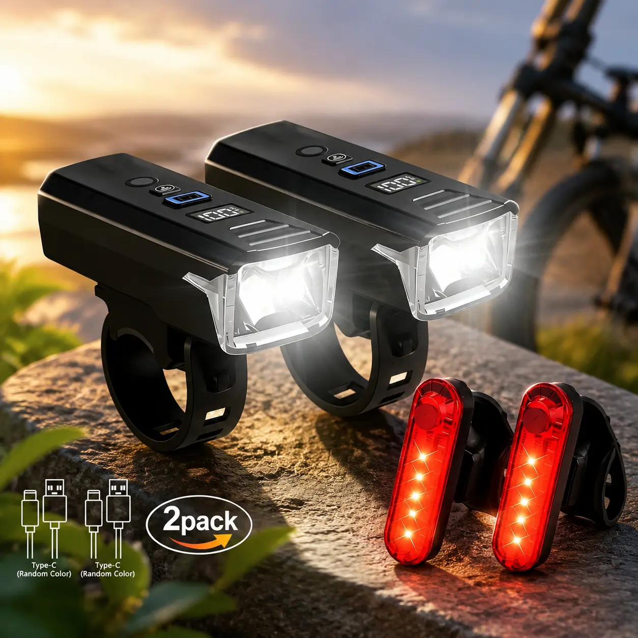 Rechargeable LED Bike Light Set with Smart Night Sensor & Digital Battery Display, 300 Lumens Type-C USB Front Bicycle Headlight, IPX5 Waterproof Cycling Light for Night Riding, Road & Mountain Bike