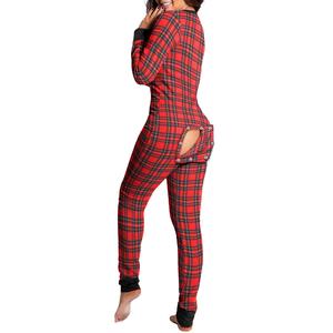 Women's Sexy Butt Button Back Flap Jumpsuit V Neck Long Sleeve Romper Bodycon Pajamas