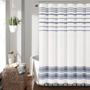 Lush Decor Aztec Boho Tassels Cotton Jacquard Shower Curtain 72x72" Ring, Navy