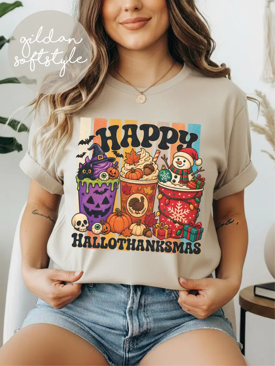 Happy Hallothanksmas  ~ Unisex Short Sleeve T-Shirt Gildan Softstyle Printed in the USA