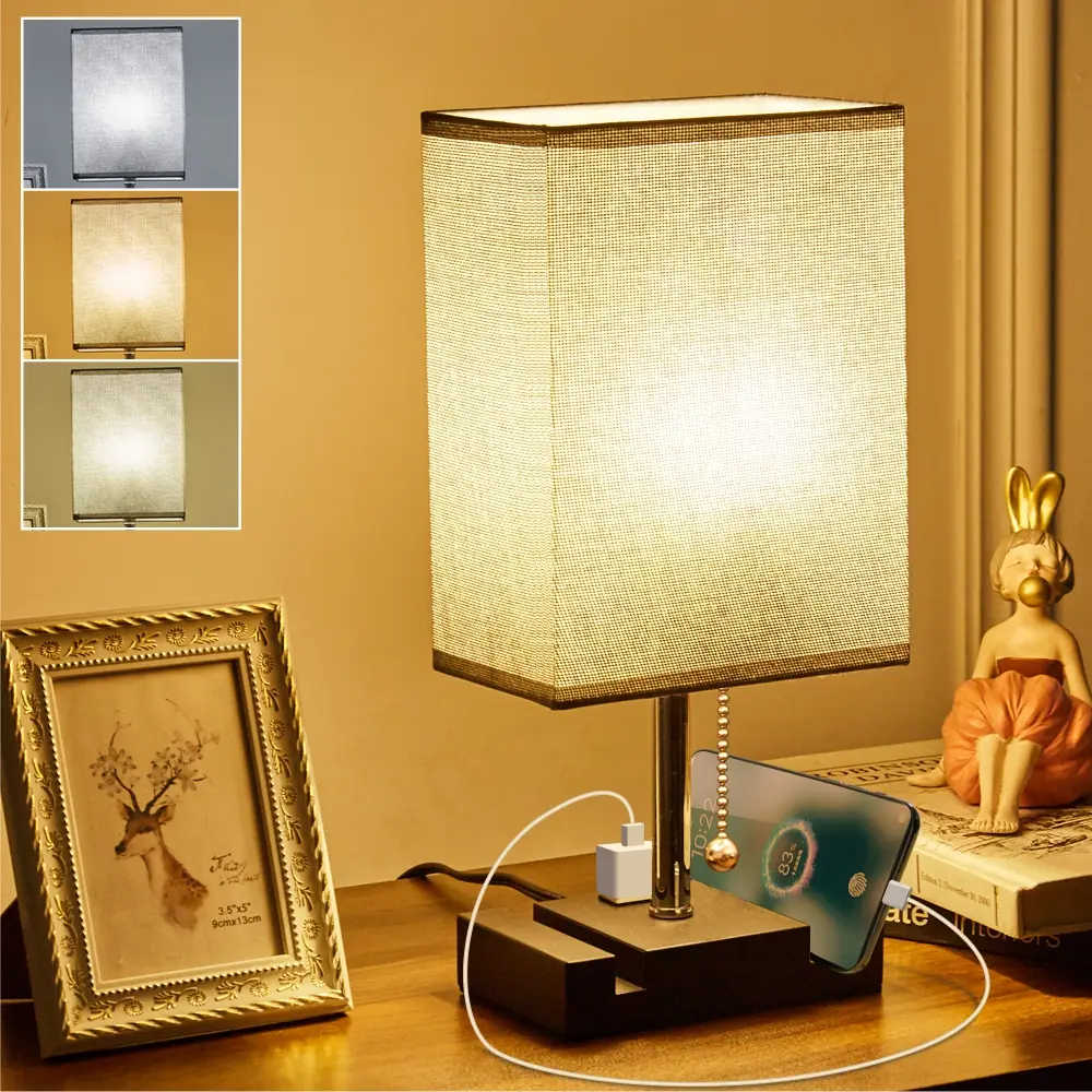 Bedroom Table Lamps with Two Phone Stands and AC Outlet 3 Color Temperatures - 2700K 3500K 5000K Pull Chain Nightstand Bedside Table Lamps , Lamps for