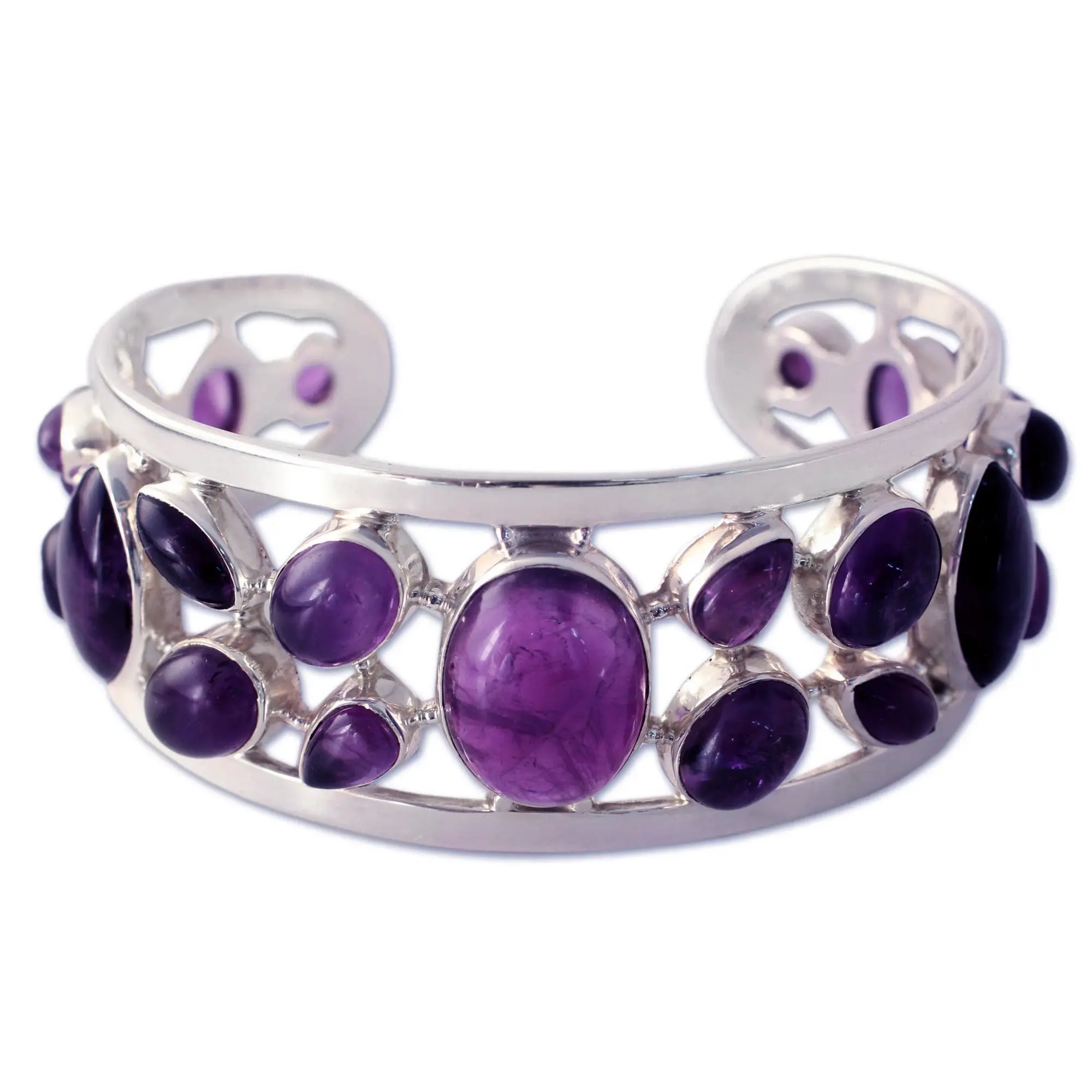 Novica Artisan Crafted Sterling Silver Studded Amethyst Cuff Bracelet | No Clasp Type | Purple Gemstone | Box Chain Jewelry | Lead & Nickel Free | Indian 'Purple Harmony' | 5.75" L X 1.2" W