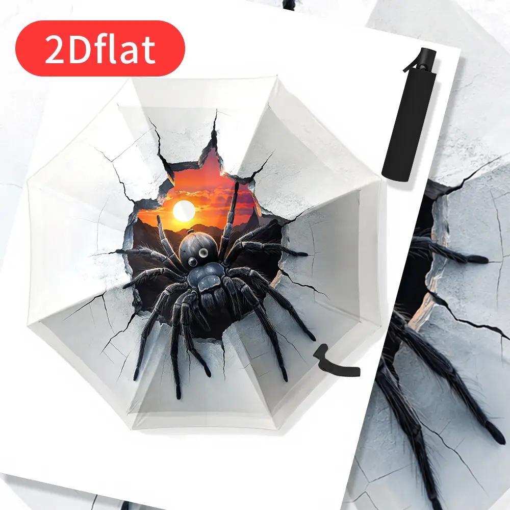 Creative Folding Umbrella – Featuring a black spider design against a backdrop of a stunning sunset with a cracked effect. Lightweight and compact, with a durable canopy, perfect for travel and everyday use. Showcases