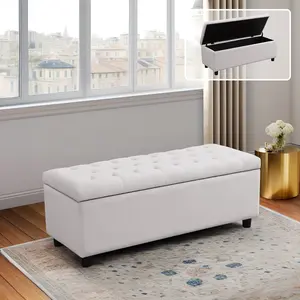 Light Grey Fluffy Fabric Tufted Storage Bench with Tapered Wooden Feet & Detailed Stitching for Living Room or Bedroom 48.8x20.6x18.7 Inches