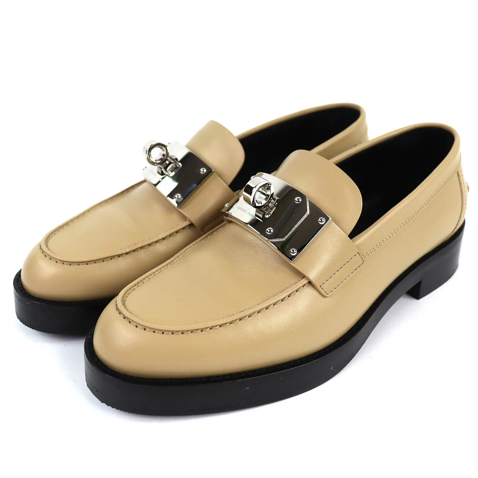 Pre-owned HERMÈS Calfskin Small Leather Goods Kelly Buckle Leather Loafers 37.5