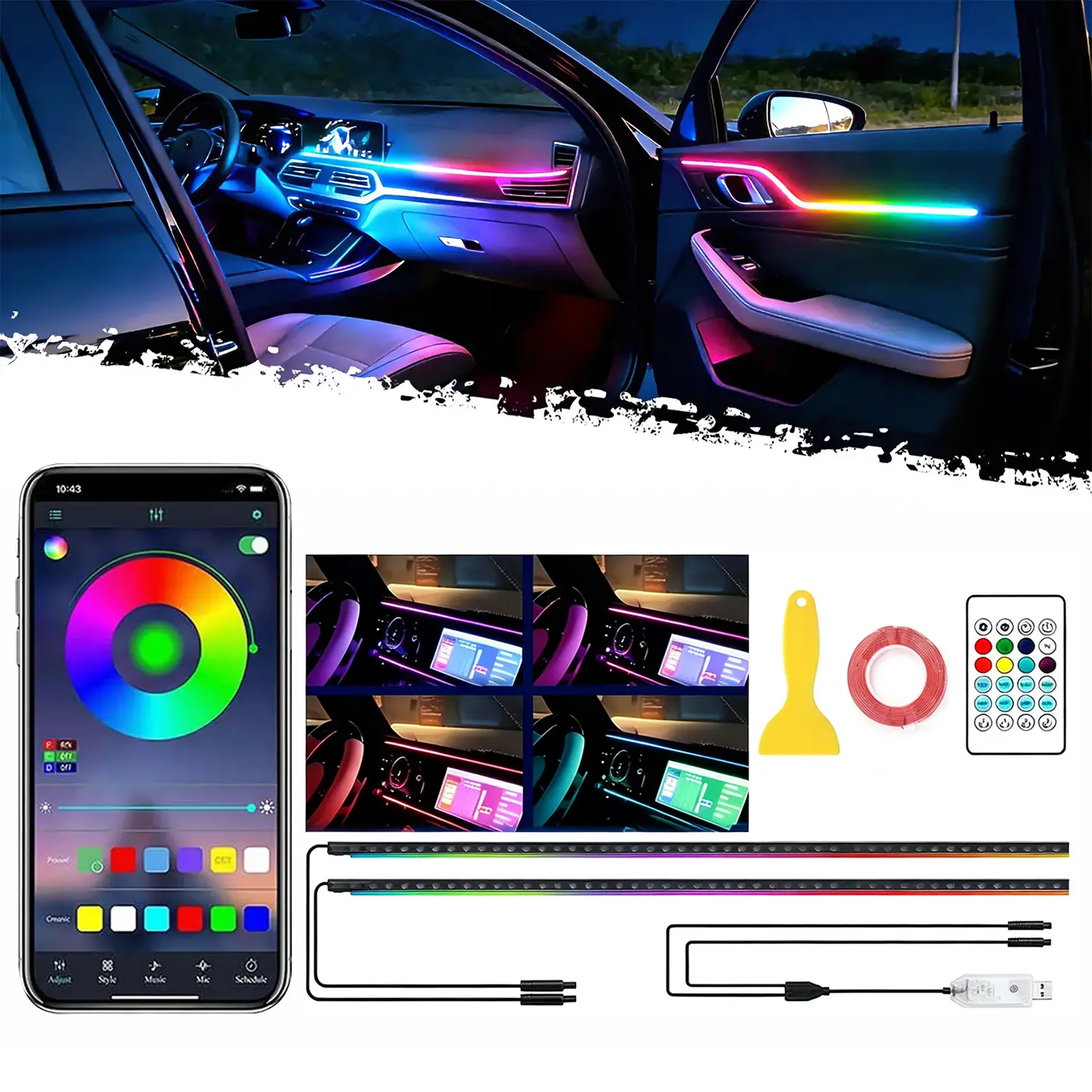 Skyly APP-Controlled RGB Car Interior Strip Light, 43.3in Acrylic Dreamcolor Chasing Ambient Lighting Kit, DIY Adjustable Color Changing Dashboard Center Console Lamps, Universal Fit with Tape/Embedded Installation