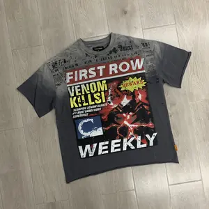 Classic Rhinestone Label First Row Scorpion Print T Shirt Men Women Gray Loose Short Sleeve High Quality Casual Washed T-shirt