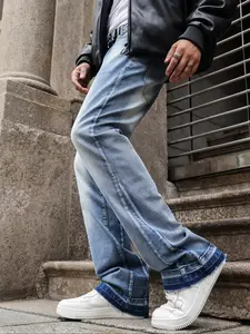 Men's Straight Leg Flared Jeans, Long Y2K Street Style Denim Jeans, Fitted Plain Design, Perfect Gift for Boyfriend and Husband