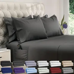 King Size Sheets Set - 6 pcs Breathable Cooling Bed Sheets - up to 21" Extra Deep Pocket Sheet Set with Side Pockets - Extra Soft 100% Brushed Hypoallergenic Hotel Luxury Bedding - Gray