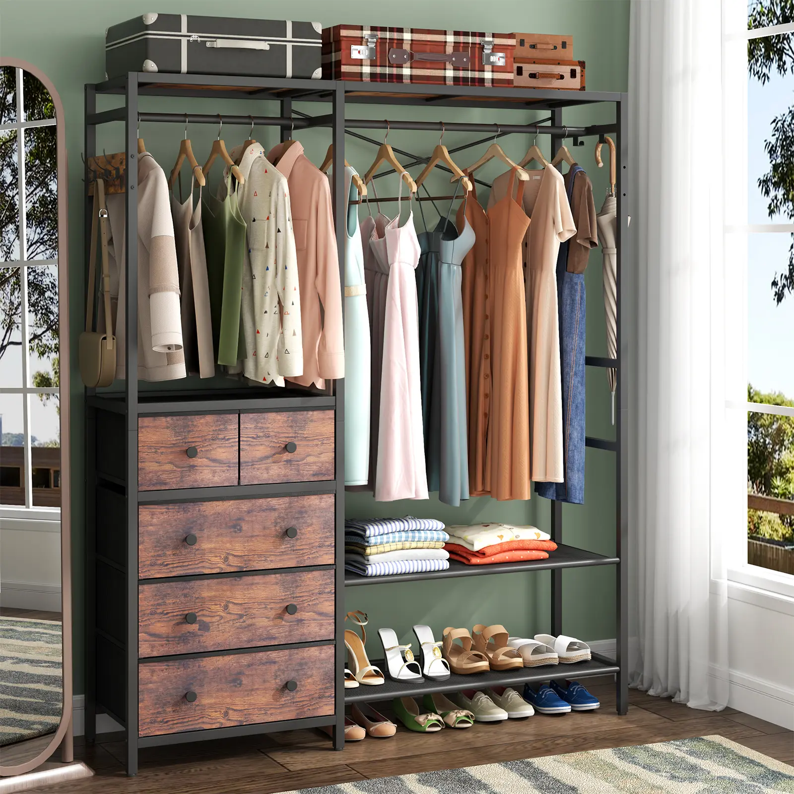 Gyfimoie Clothes Rack With 5 Drawers, Clothing Rack with 4 Storage Shelves and 2 Hanging Rods, 59.1W*70.9H Heavy Duty Clothing Rack With 5 Hooks, Wardrobe Closet Organizer System, Freestanding Garment Rack