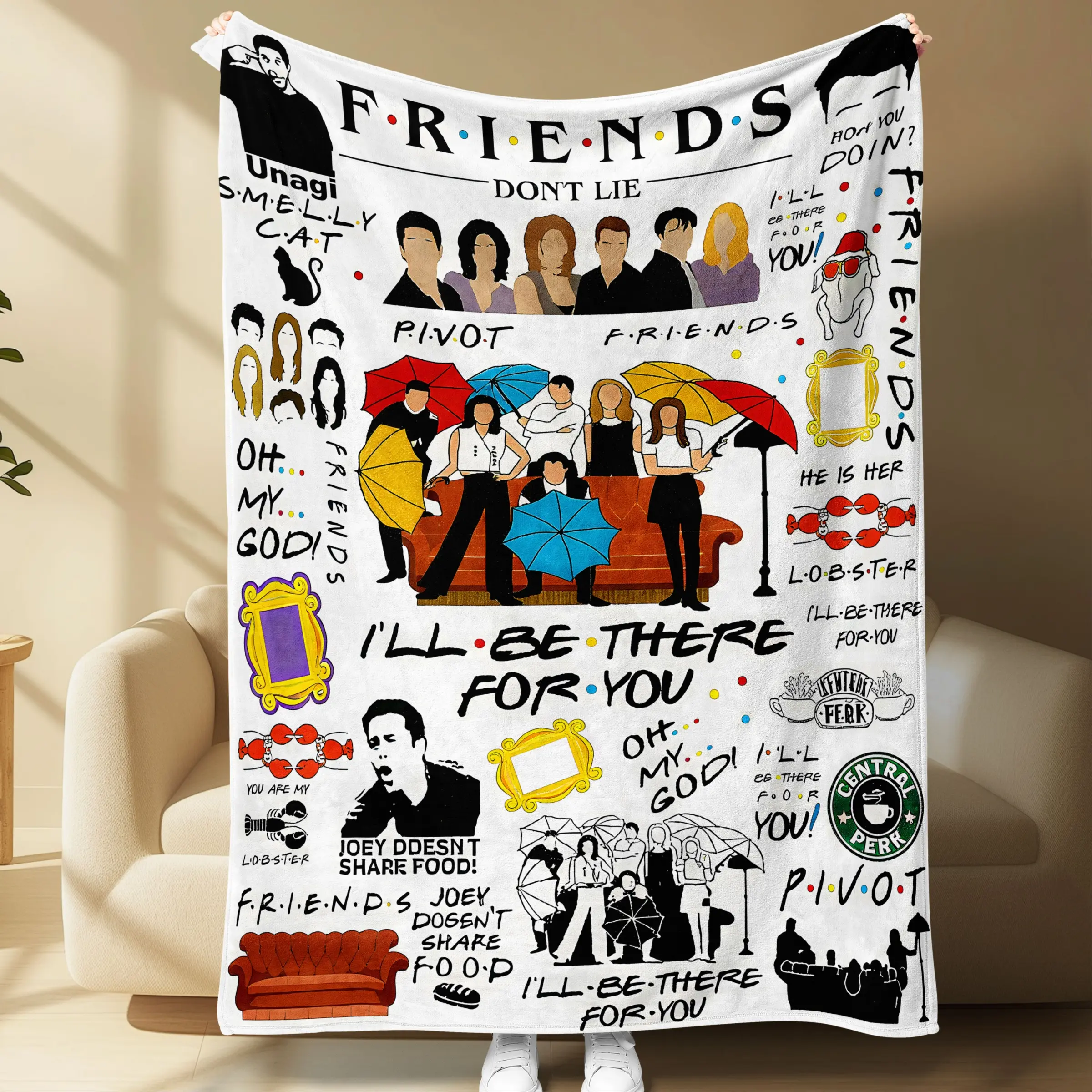 Friends TV Show Collage Flannel Cozy Blanket - Soft Flannel Throw With Iconic Quotes, Nostalgic Scenes, Must-Have For Fans, Cozy Aesthetic