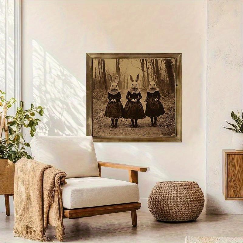 8" x 8" Vintage Victorian Rabbit Women Wood Wall Art - Farmhouse Style Signage with Golden-Toned Frame, Dark Brown Rabbit Painting for Living Room, Bedroom, Bathroom, Office Decor - Rustic Home Decoration & Holiday Gift Idea