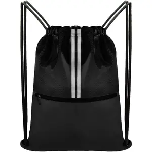Drawstring Backpack  Gym Bag, Draw String  Bag for Men Women, Lightweight Sackpack with Zipper Pocket, Durable Large Two Tone Black