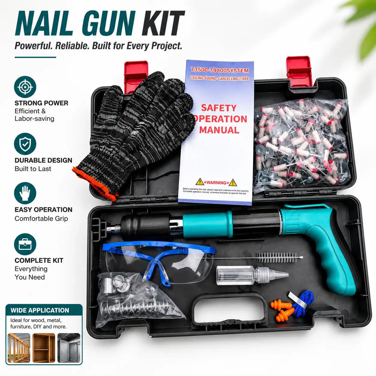 Manual Ceiling Fastener Gun Kit, Insulation Fastening Tool with Fasteners, Safety Glasses & Carrying Case for Soundproof Ceiling, Acoustic Panel Installation, Home Improvement & Construction