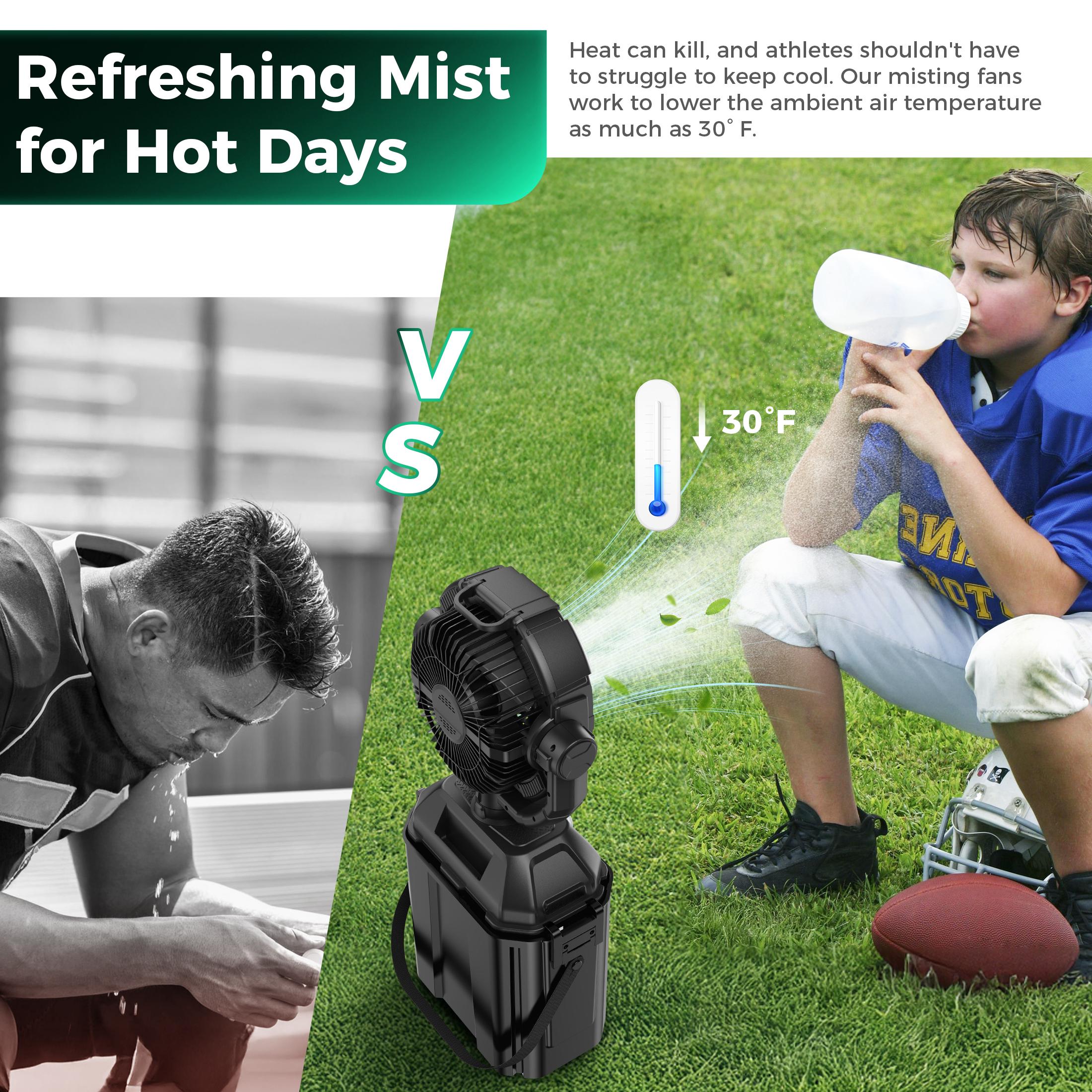 YoungSa Portable Camping Misting Fan with 6L Bucket 32000mAh Rechargeable Multifunction Fan,Infinitely variable speed,4 Spray Mister with LED Lantern,Remote & Hook for Patios,Fishing,Travel,Garden Party,Golf,Outside