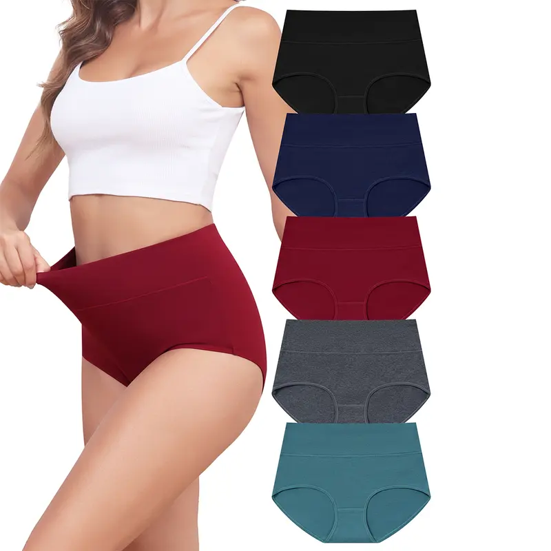 LEVAO Women’s Basic Minimalist 5-Pack Multicolor Cotton High-Waisted Underwear - Breathable, Comfortable Full-Coverage Briefs Panties S-XXL