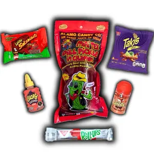 Single Chamoy Pickle Kit( Mini Tex) Spicy With Takis, Lucas Candy(6 PC) - Mexican Candy, Spicy Candy, Lucas Snack, Tangy Snack/ Candy, Dulces Mexican candy snack, easy snack, papitas Flavor Food Sauce Set