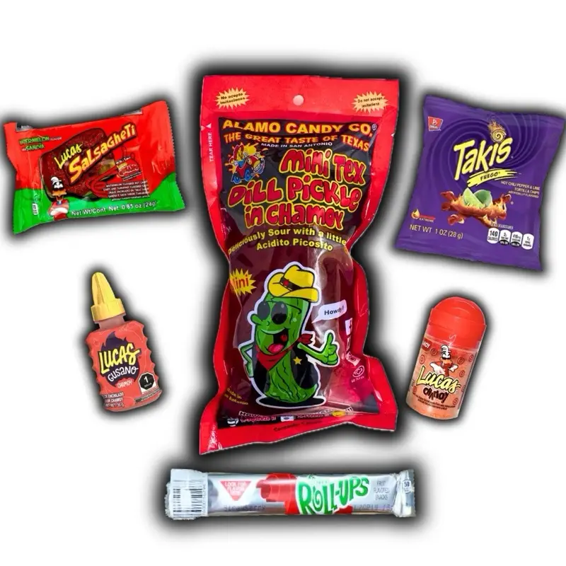 Single Chamoy Pickle Kit( Mini Tex) Spicy With Takis, Lucas Candy(6 PC) - Mexican Candy, Spicy Candy, Lucas Snack, Tangy Snack/ Candy, Dulces Mexican candy snack, easy snack, papitas Flavor Food Sauce Set