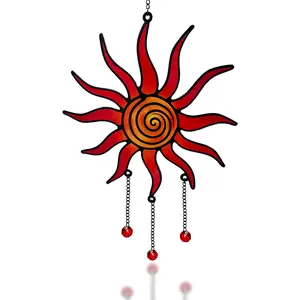 Stained Glass Sun  , 7.8 Inch Handcrafted Red Suncatcher with Crystal , Hanging Glass Sun Ornament for Patio, Garden, Window Decor, American Country Style Outdoor Decoration