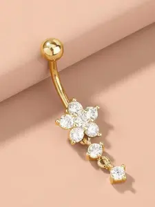 Luxurious Floral Long Zircon Belly Ring, Elegant Star Design, Copper Chain, All Seasons Jewelry, Women's Body Piercing Accessory, Belly Button Jewelry