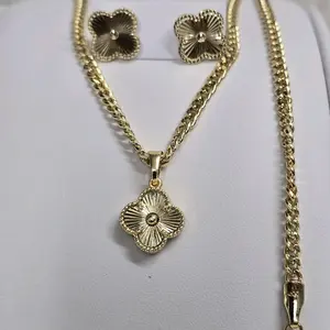 # 0181 Elegant Floral Set with 18 Inch Cuban Chain & 7 Inch Bracelet Gold Laminated 14k Plating High-Quality Jewelry