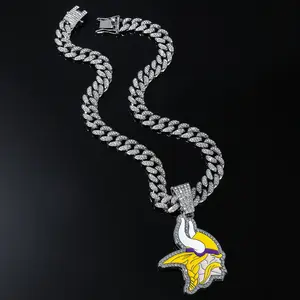 Custom Team Logo Iced Out Cuban Chain Necklace Full Zirconia Football Pendant Durable Alloy Jewelry for Sports Fans and Athletes