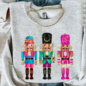 Preppy Faux Sparkly Glitter Nutcracker Sweatshirt Women's Glam Crewneck Sweatshirt Christmas Sweatshirt Pullover Top