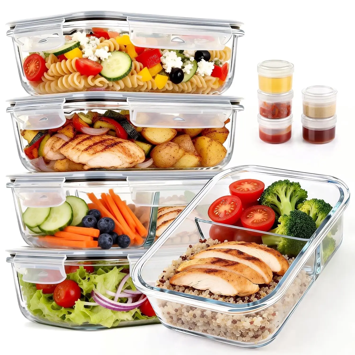 20 Pcs Glass Food Storage Containers with Lids, 1 & 2 Compartment Glass Airtight Meal Prep Containers with Sauce Containers(10 Containers & 10 Lids), Oven & Freezer Safe, Leak Proof, Grey