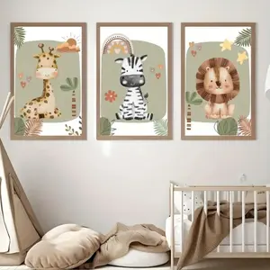 3 Pieces/set of Optional Wooden Frame, Giraffe Lion and Zebra Animal Canvas Print, Safari Wall Art Poster, Kindergarten Modern Living Room Nursery Home Decor