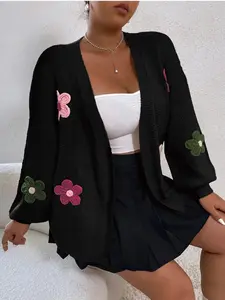 Plus Size Flower Decor Drop Shoulder Cardigan, Casual Long Sleeve Open Front Knitwear for Fall & Winter, Women's Plus Clothing for Daily Wear