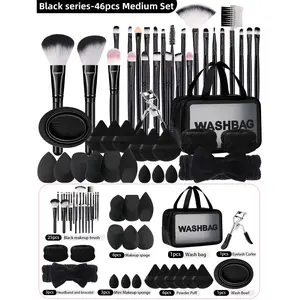Black Series 46PCS All-In-One Travel Makeup Kit with 25 Brushes 6 Non-Latex Sponges 6 Velvet Puffs 3 Mini Blenders Silicone Bowl Waterproof Bag Eyelash Curler Wrist Bands Headband