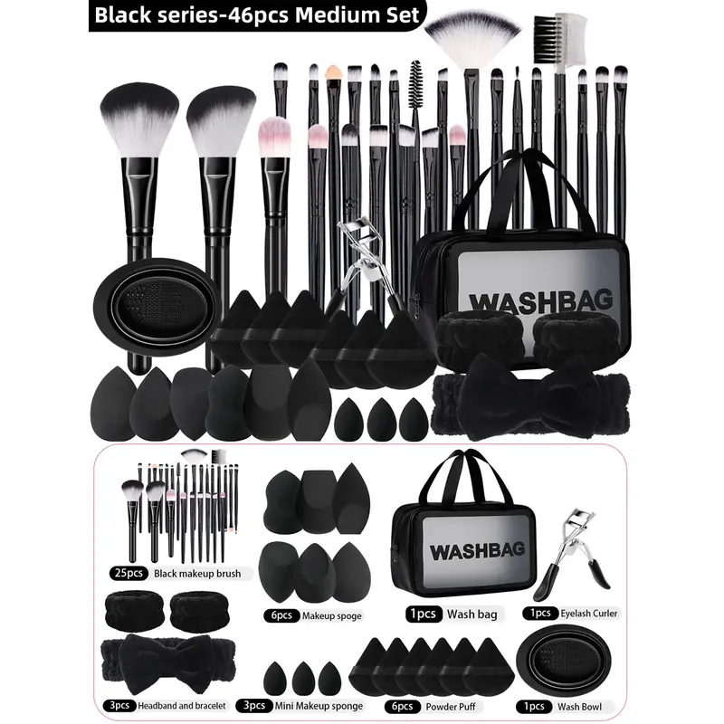 46pcs Flawless Smoothing Cosmetic Makeup Brushes Set for Women Adults - 6 Non-Latex Sponges, 6 Velvet Puffs, 3 Mini Blenders, Silicone Bowl, Waterproof Bag, Eyelash Curlers, Wrist Bands, Headband, Organizer for Foundation, Contour, Blush