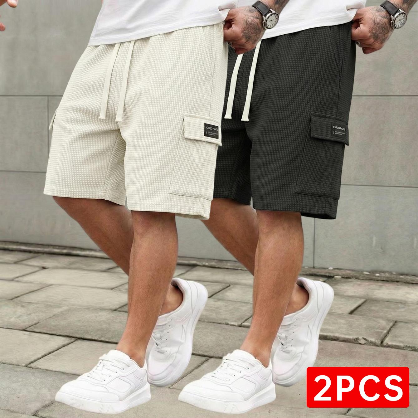 3-pack men’s waffle fabric casual cargo shorts with drawstring waist, available in multiple colors, suitable for summer streetwear outfits