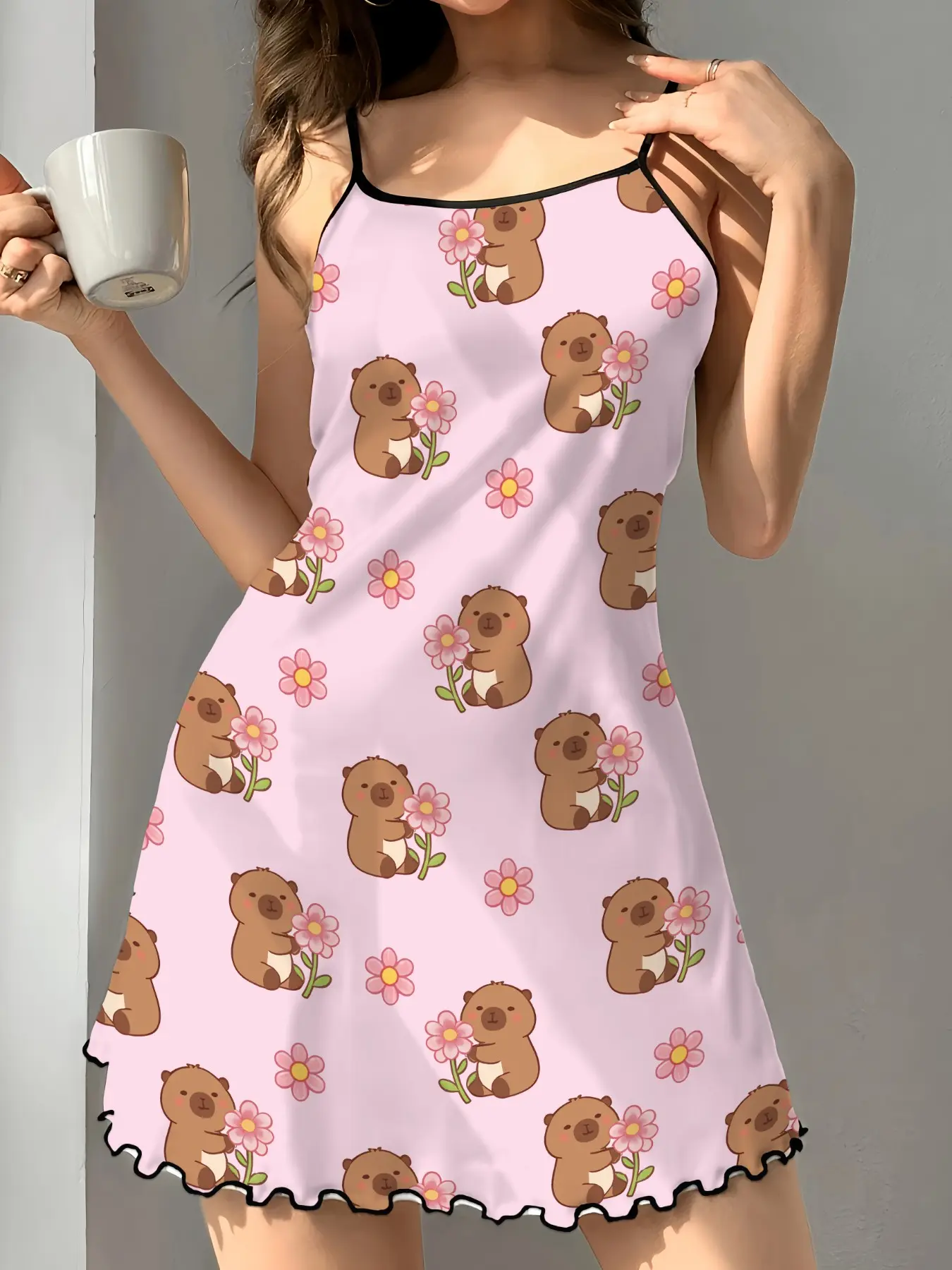 Women's Strapless Nightdress, Foundation Capybara Print Pajamas, Casual Fitted Home Wear, Sweet and Healing Essential