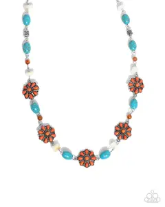 Chill Country - Orange and Turquoise Flower Silver Short Necklace - Paparazzi