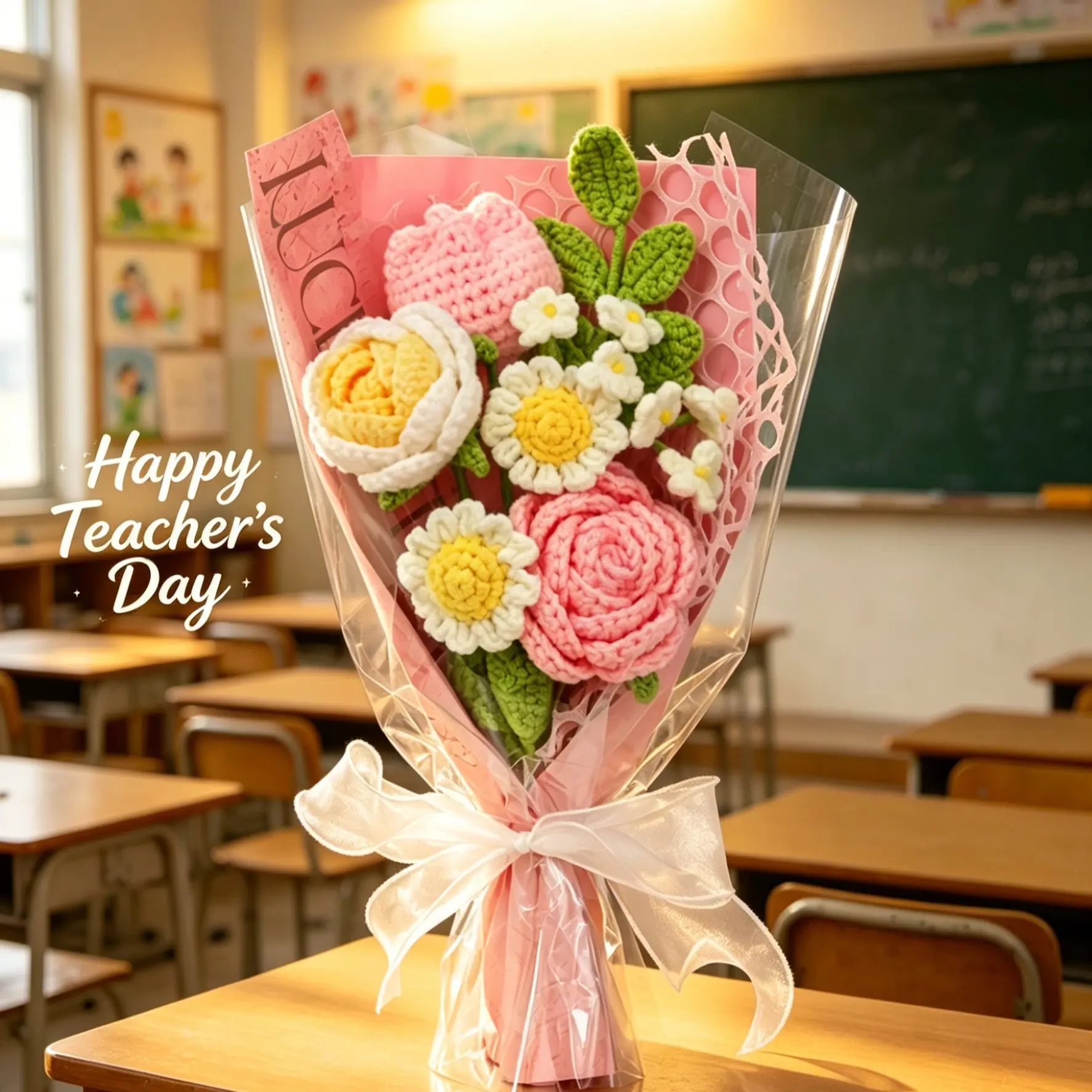 An exquisite bouquet of handcrafted yarn flowers—soft-textured, everlasting blooms that make for the perfect Teachers' Day gift.