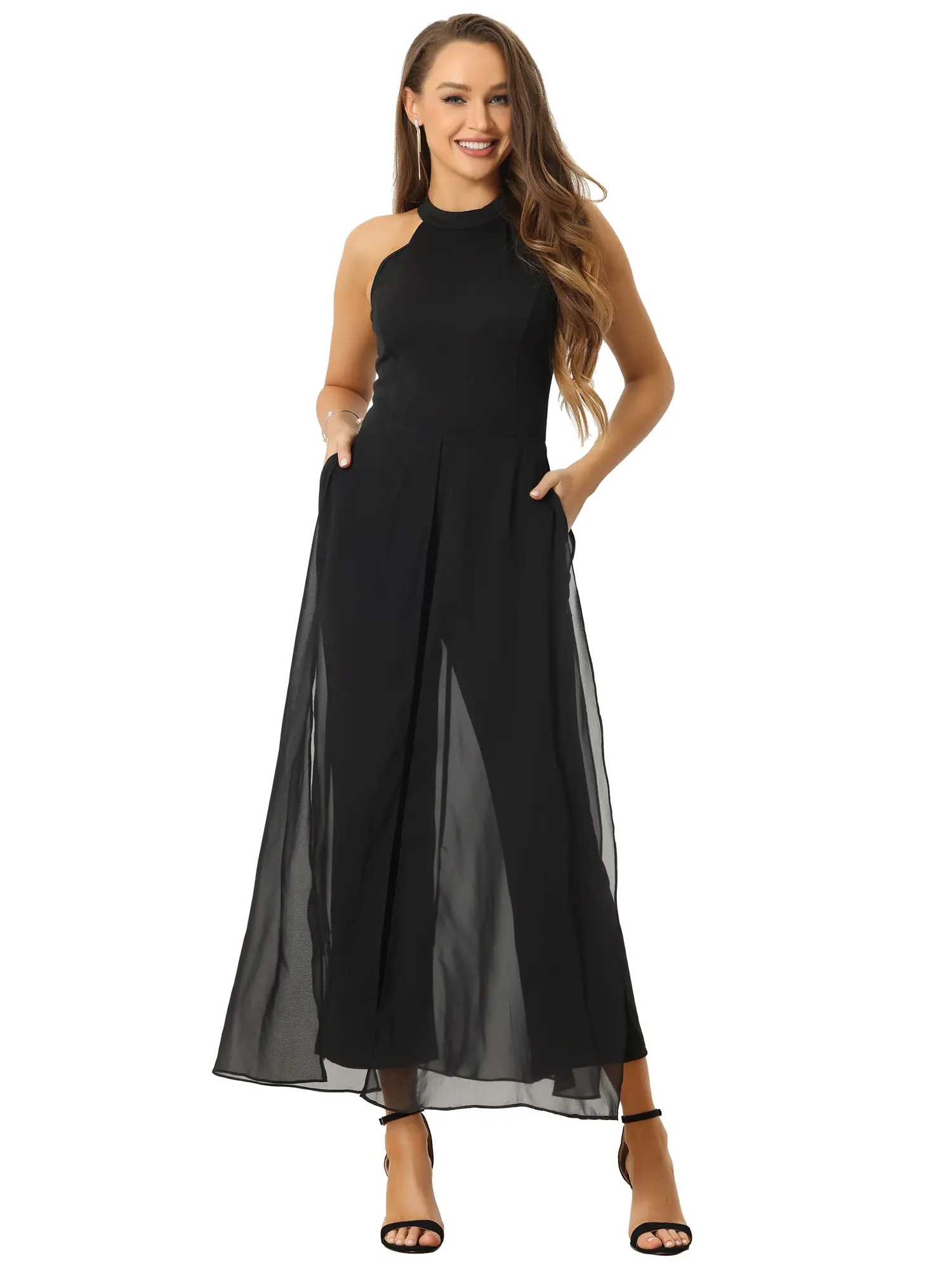 INSPIRE CHIC Elegant Summer Sleeveless Halter Neck Belted Chiffon Wide Leg Jumpsuit