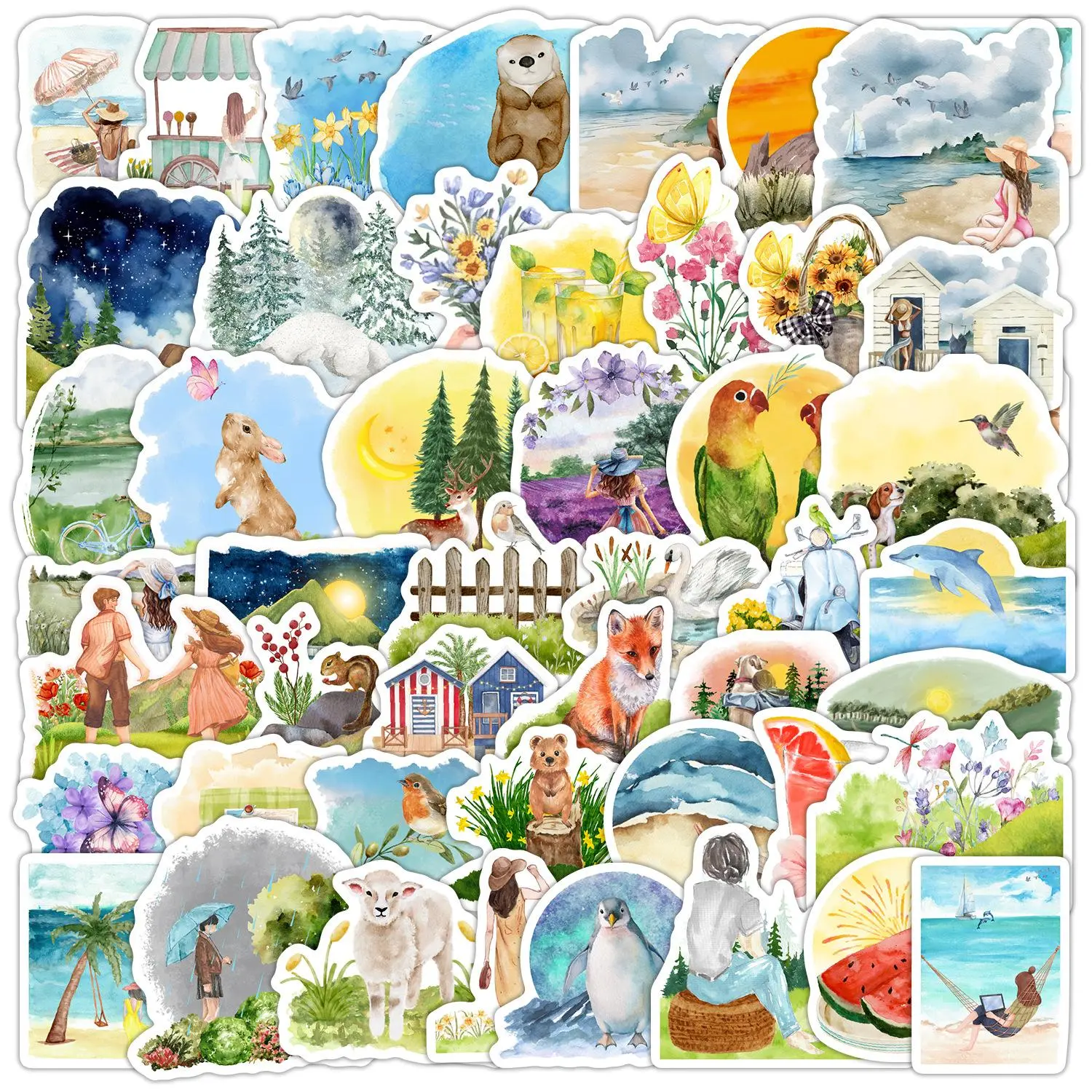 Watercolor Summer Series Sticker, Self Adhesive Decorative Stickers, DIY Decals for Water Bottle, Laptop, Phone Case, Scrapbooking, Journal Making, Screen Protector