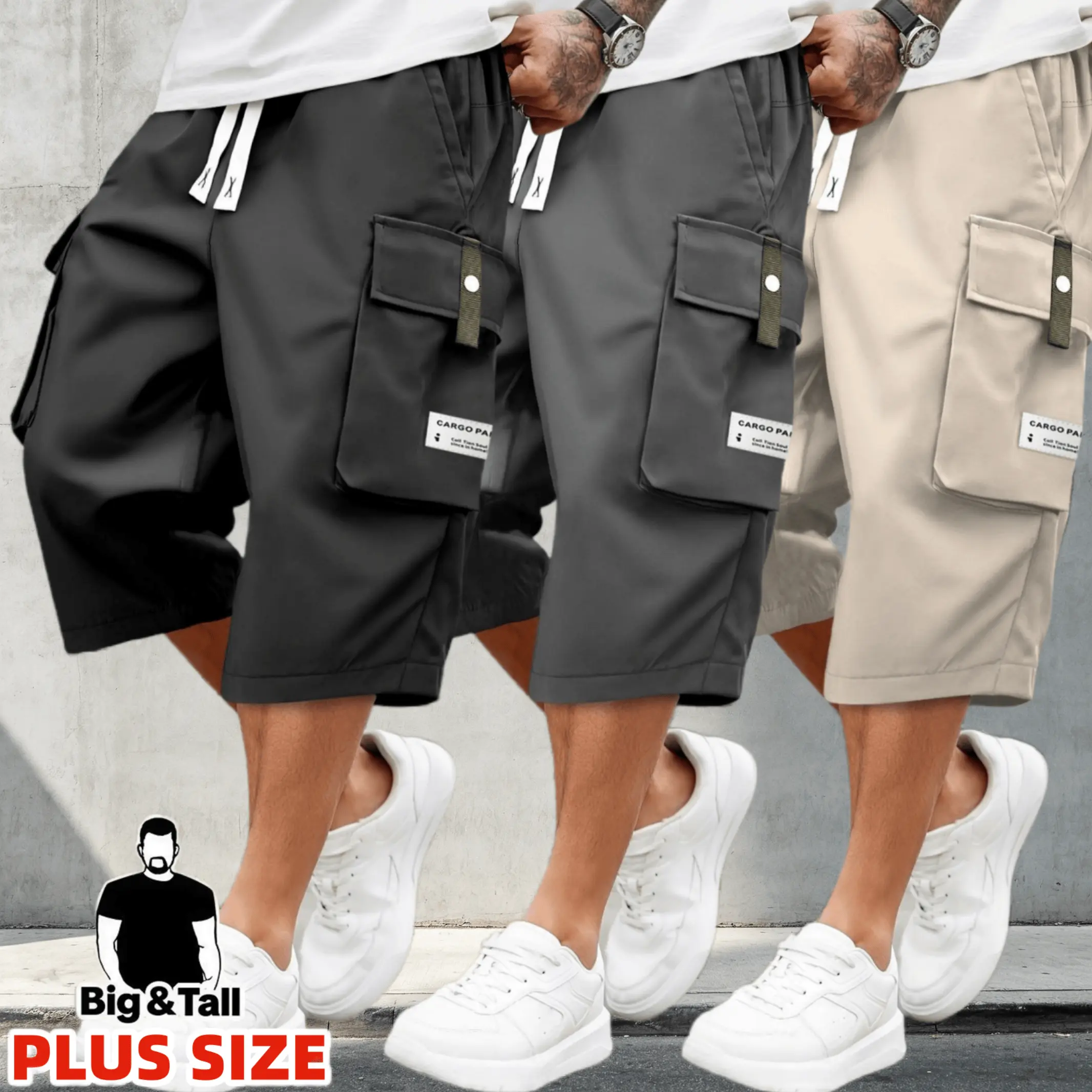 Men'S Plus Size Summer Lightweight Cargo Pants - Casual Cargo Style with Drawstring Waist, Large Pockets & Letter Patch, Solid Color Regular Fit for Casual Attire & Outdoor Activities, PLUS SIZE,father'sdaygifts