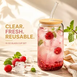 MIUVA 16 oz Glass Cup with Lid and Straw, Can Shaped Iced Coffee Cup with Bamboo Lid, Reusable Glass Straw & Cleaning Brush for Smoothies, Juice, Tea, Matcha and Cold Drinks
