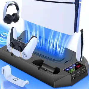 PS5/Slim/Pro Cooling Station for  5 Console Disc/Digital Edition - PS5 Slim Pro Cooling Stand with Controller  Station Accessories-Cooler Fan/Headset Holder/3 USB Hub, Black