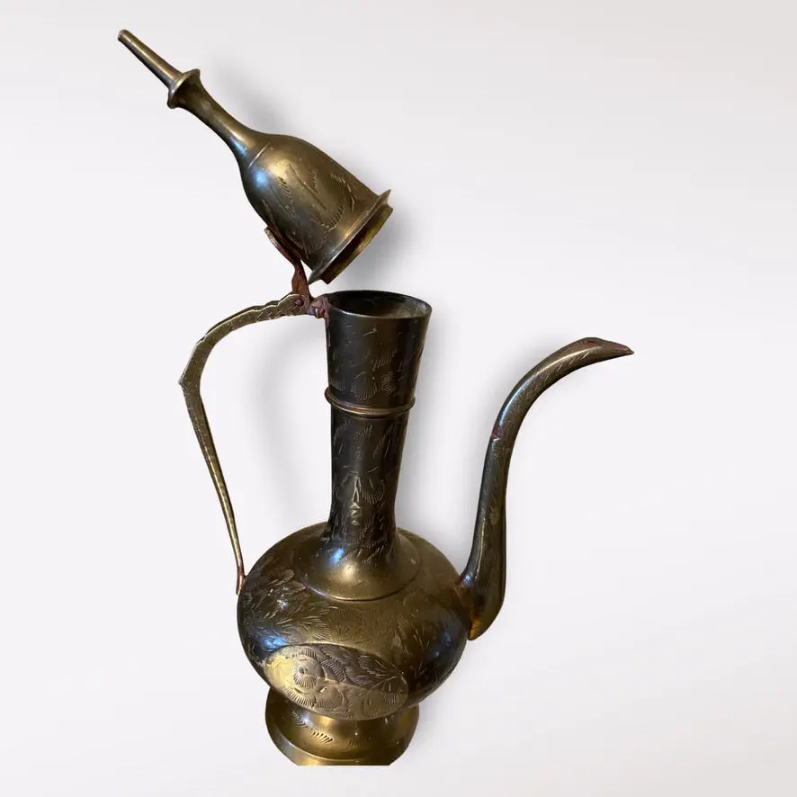 Semi Antique Eastern Brass Pitcher, Engraved and Handcrafted Pitcher 10” x 4”