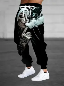 Black 3D Pattern Printed Comfortable Sports Pants With Drawstring Waist - Quick-Dry, Moisture-Wicking Horror Graphic Joggers | Polyester Sweatpants with Pockets, Casual Trousers for Running, Outdoor Activities