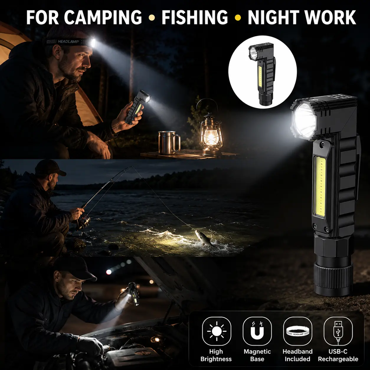 3-in-1 Rechargeable LED Flashlight & Headlamp with Headband & Clip, Magnetic Base, Rotatable Head, Side Work Light for Camping, Fishing & Night Work