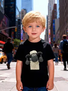 Boys' T-Shirt "Funny Little Sheep Peace Sign Sweet and Fun Outfit" Playful Shaun the Sheep + Energetic Gesture Print T-Shirt, Cute and Playful, Lively and Eye-Catching, Comfortable for Everyday Streetwear / Cartoon-Themed Outfits