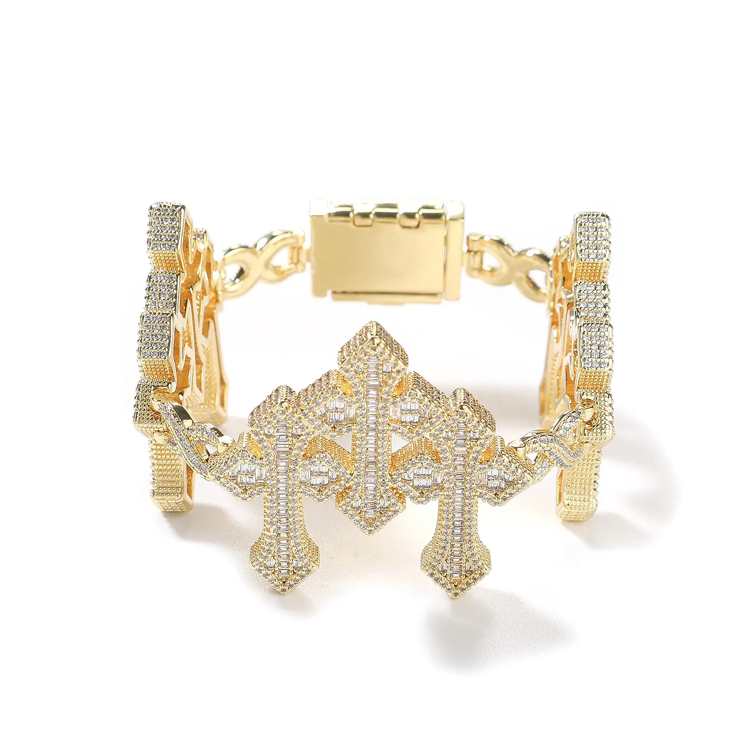 QUEENDO Iced Multi Cross Link Bracelet, Baguette & Round Stone Paved Cuff Wrist Chain, Gold Silver Rose Gold 3 Colors Available, Adjustable Link Bracelet, Hip Hop Daily Party Jewelry Gift